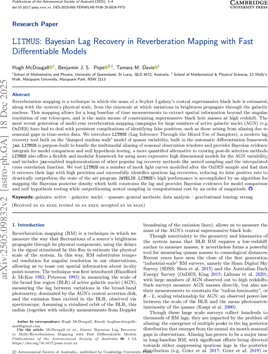 LITMUS: Bayesian Lag Recovery in Reverberation Mapping with Fast Differentiable Models