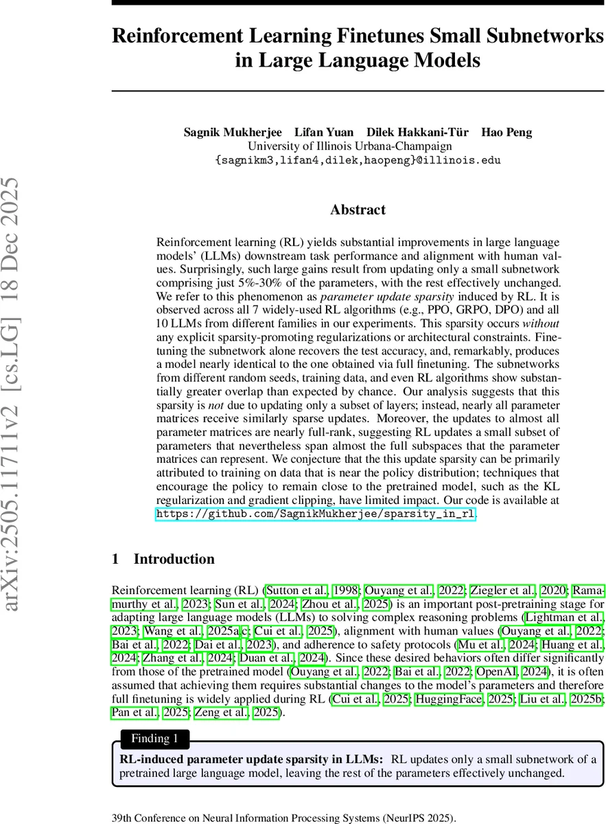 Reinforcement Learning Finetunes Small Subnetworks in Large Language Models