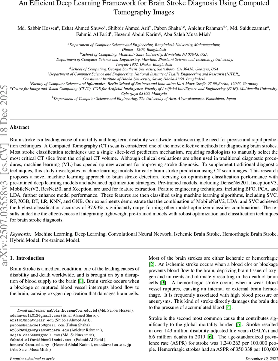 An Efficient Deep Learning Framework for Brain Stroke Diagnosis Using Computed Tomography Images
