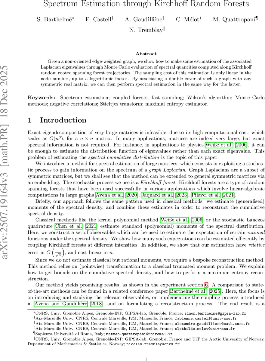 Spectrum Estimation through Kirchhoff Random Forests