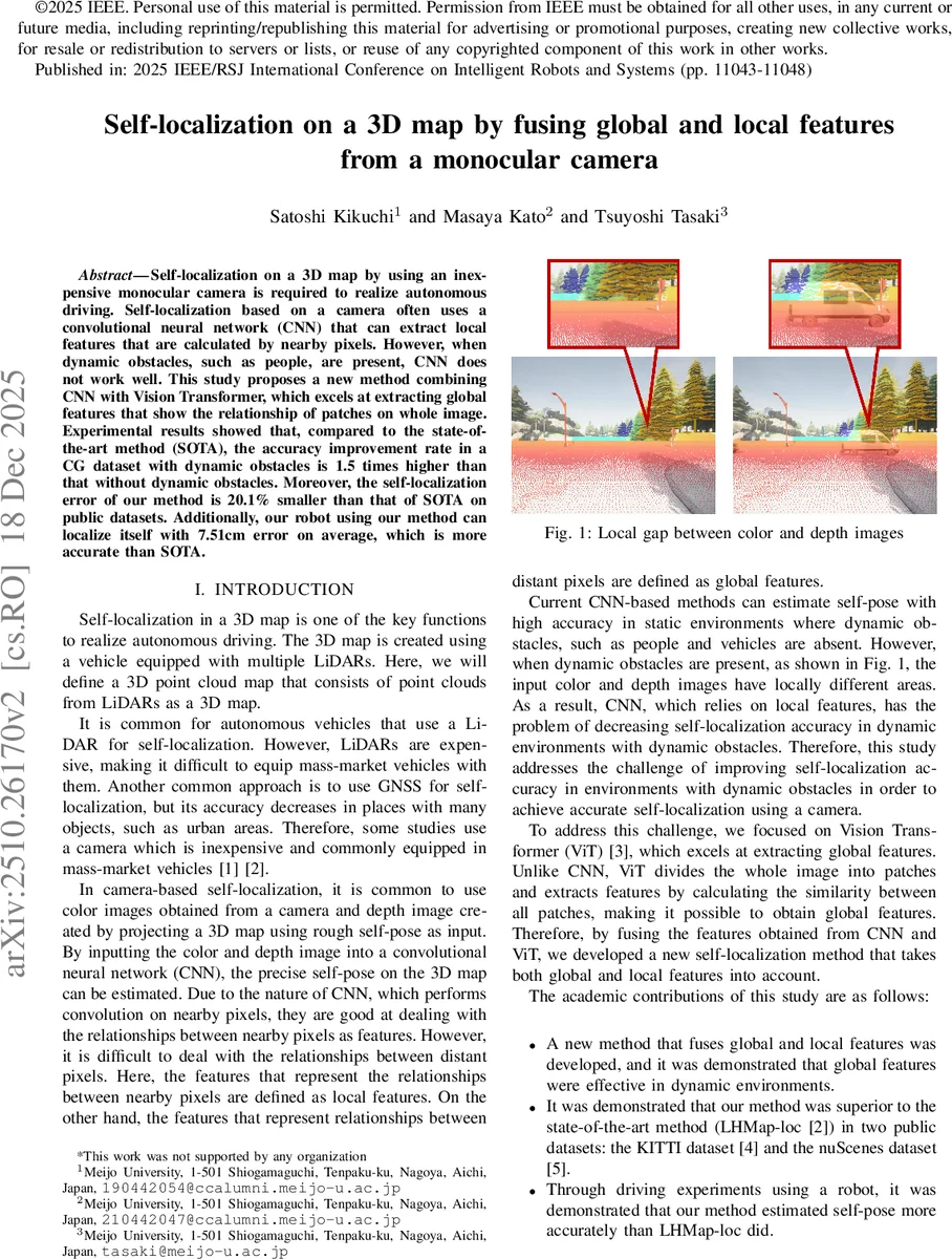 Self-localization on a 3D map by fusing global and local features from a monocular camera