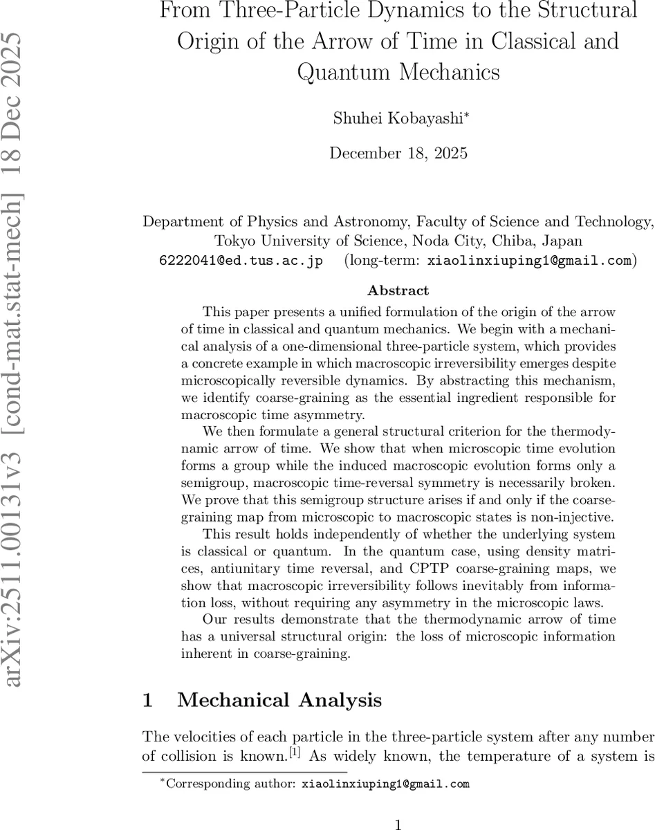 From Three-Particle Dynamics to the Structural Origin of the Arrow of Time in Classical and Quantum Mechanics