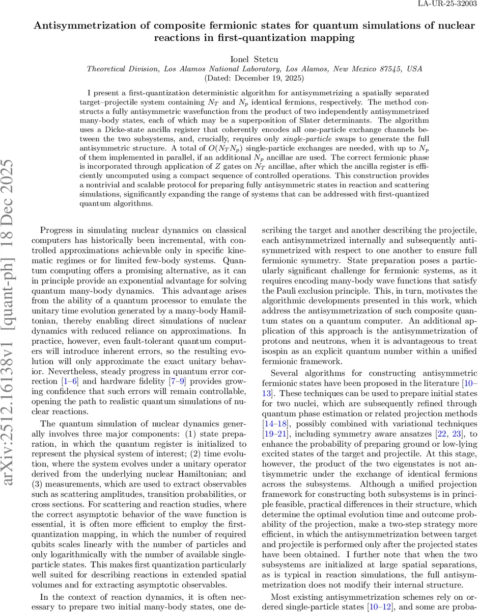 Antisymmetrization of composite fermionic states for quantum simulations of nuclear reactions in first-quantization mapping