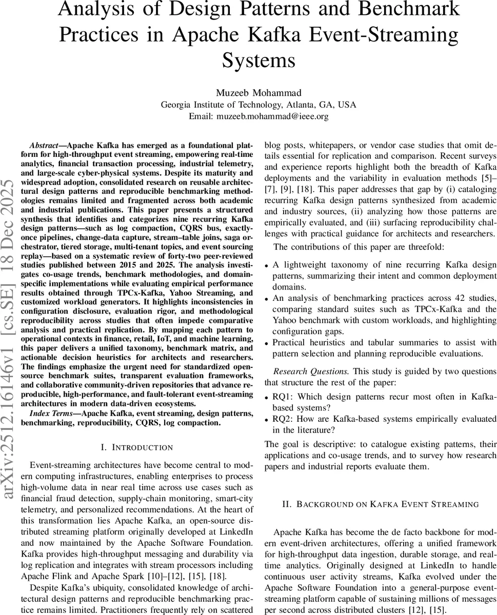 Analysis of Design Patterns and Benchmark Practices in Apache Kafka Event-Streaming Systems