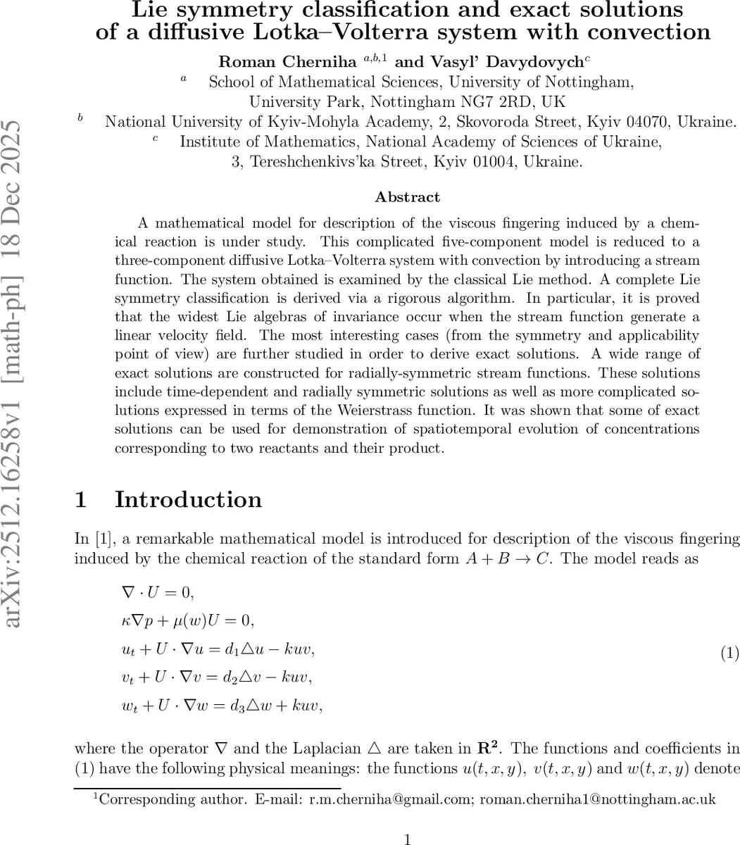 Lie symmetry classification and exact solutions of a diffusive Lotka-Volterra system with convection