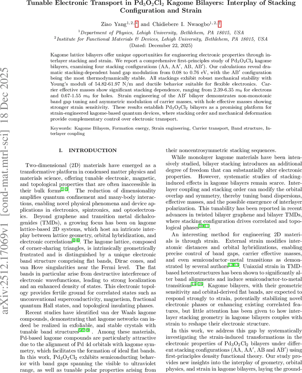 Tunable Electronic Transport in Pd$_3$O$_2$Cl$_2$ Kagome Bilayers: Interplay of Stacking Configuration and Strain