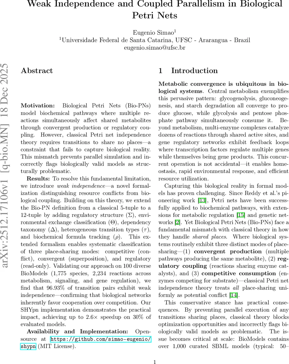 Weak Independence and Coupled Parallelism in Biological Petri Nets