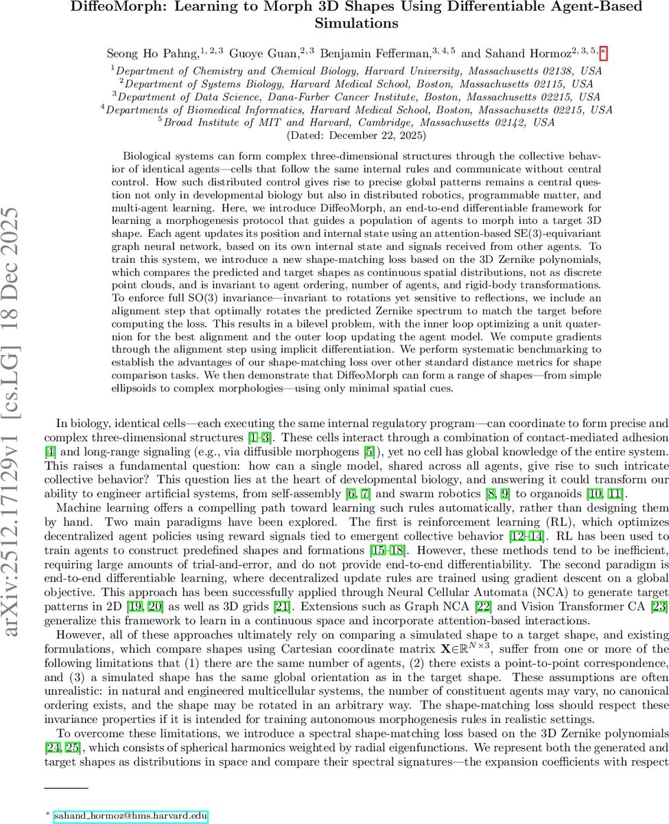 DiffeoMorph: Learning to Morph 3D Shapes Using Differentiable Agent-Based Simulations