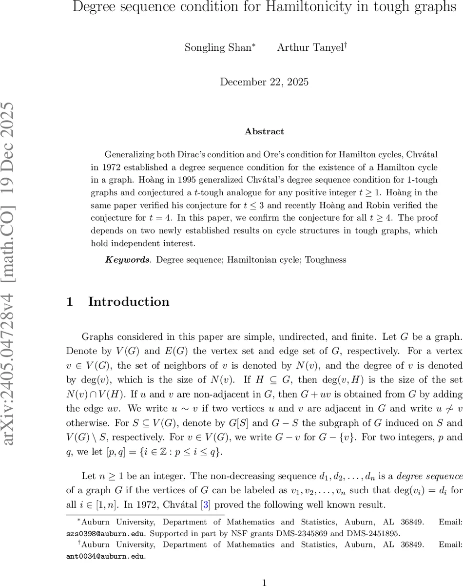 Degree sequence condition for Hamiltonicity in tough graphs