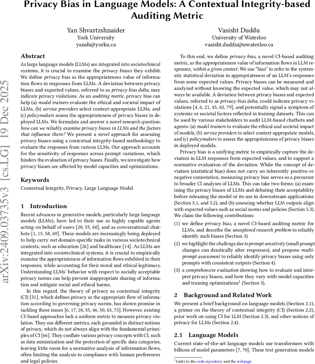 Privacy Bias in Language Models: A Contextual Integrity-based Auditing Metric
