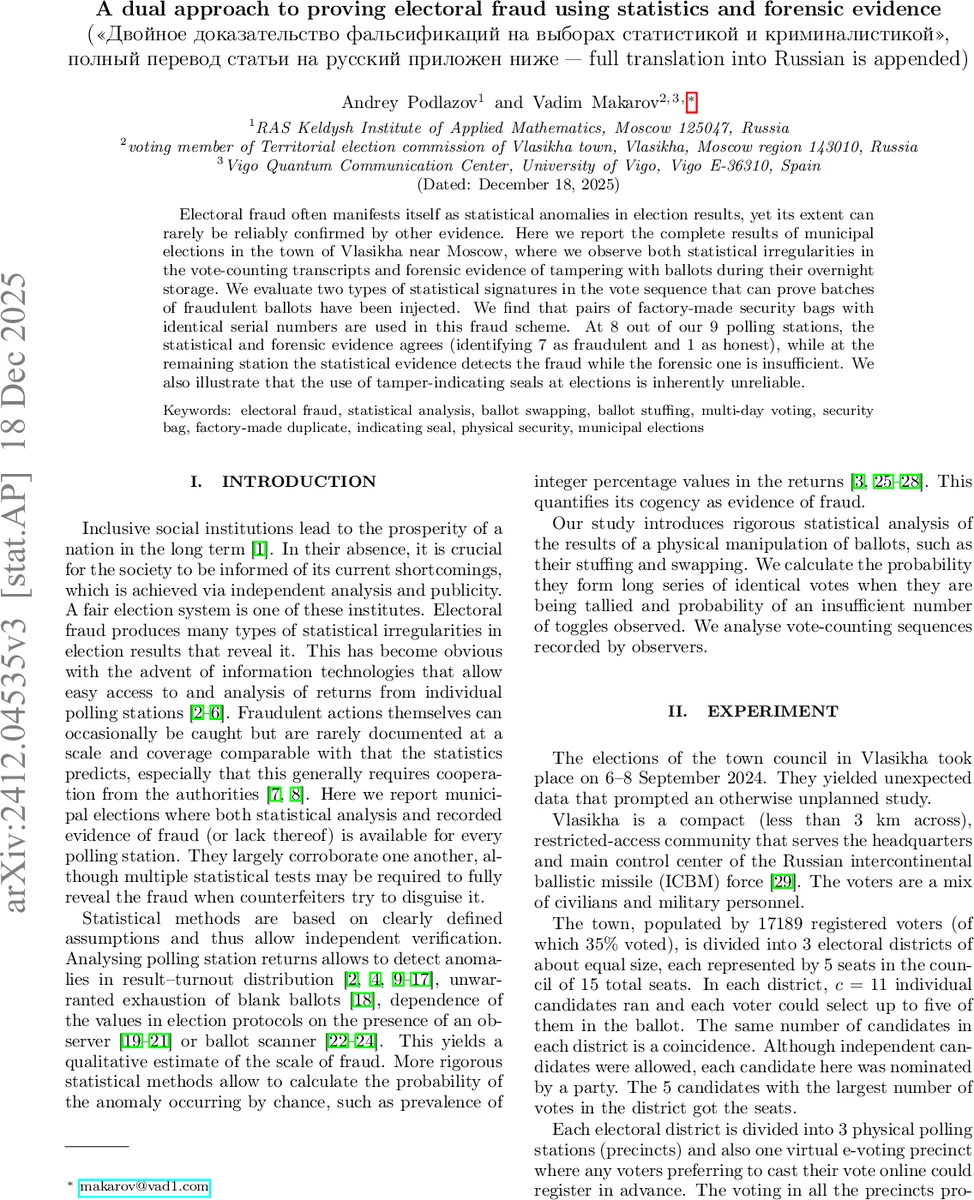 A dual approach to proving electoral fraud using statistics and forensic evidence (Dvojnoe dokazatel'stvo falsifikazij na vyborah statistikoj i kriminalistikoj)