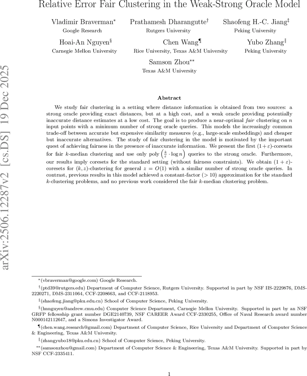 Relative Error Fair Clustering in the Weak-Strong Oracle Model