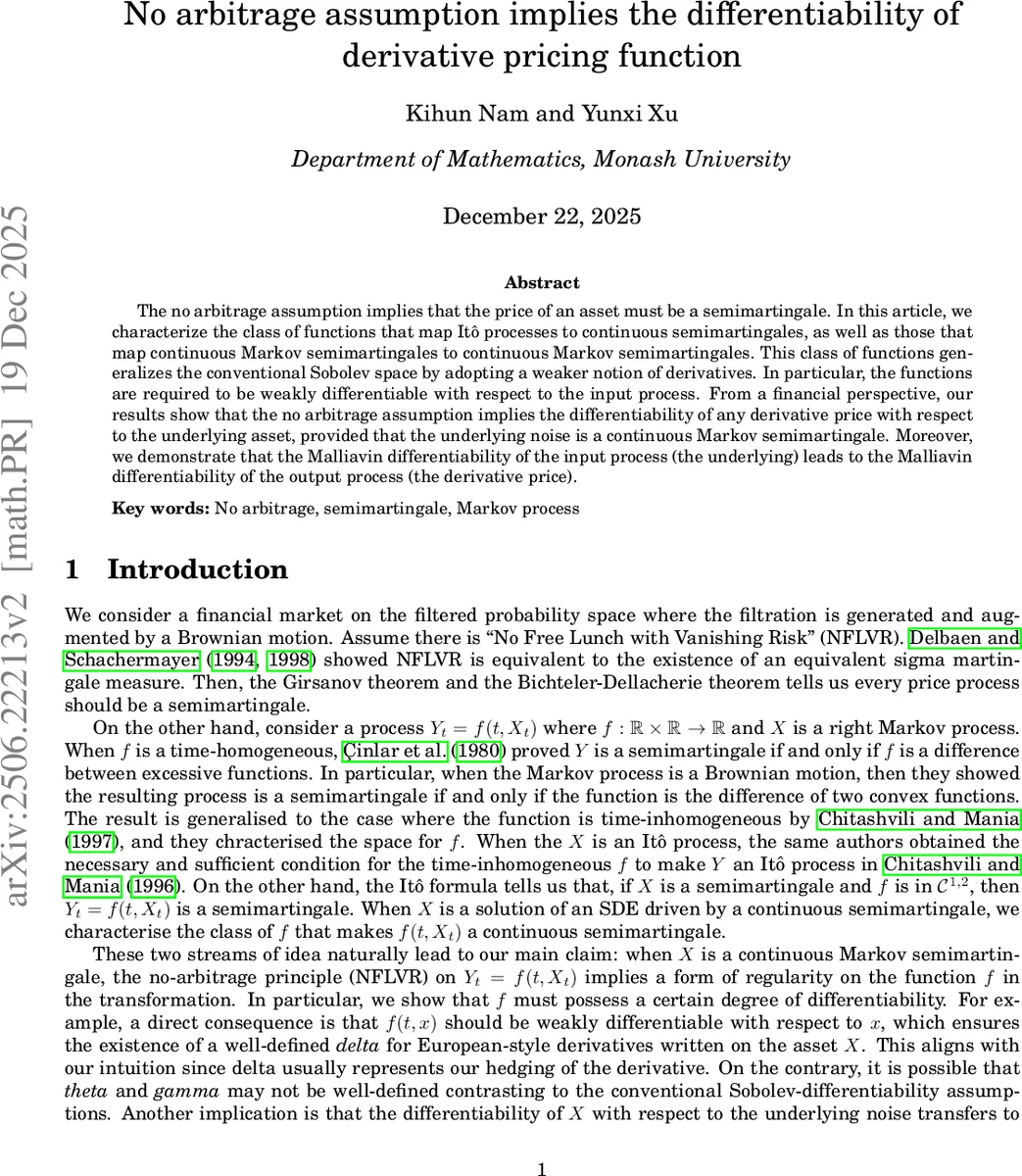 No arbitrage assumption implies the differentiability of derivative pricing function