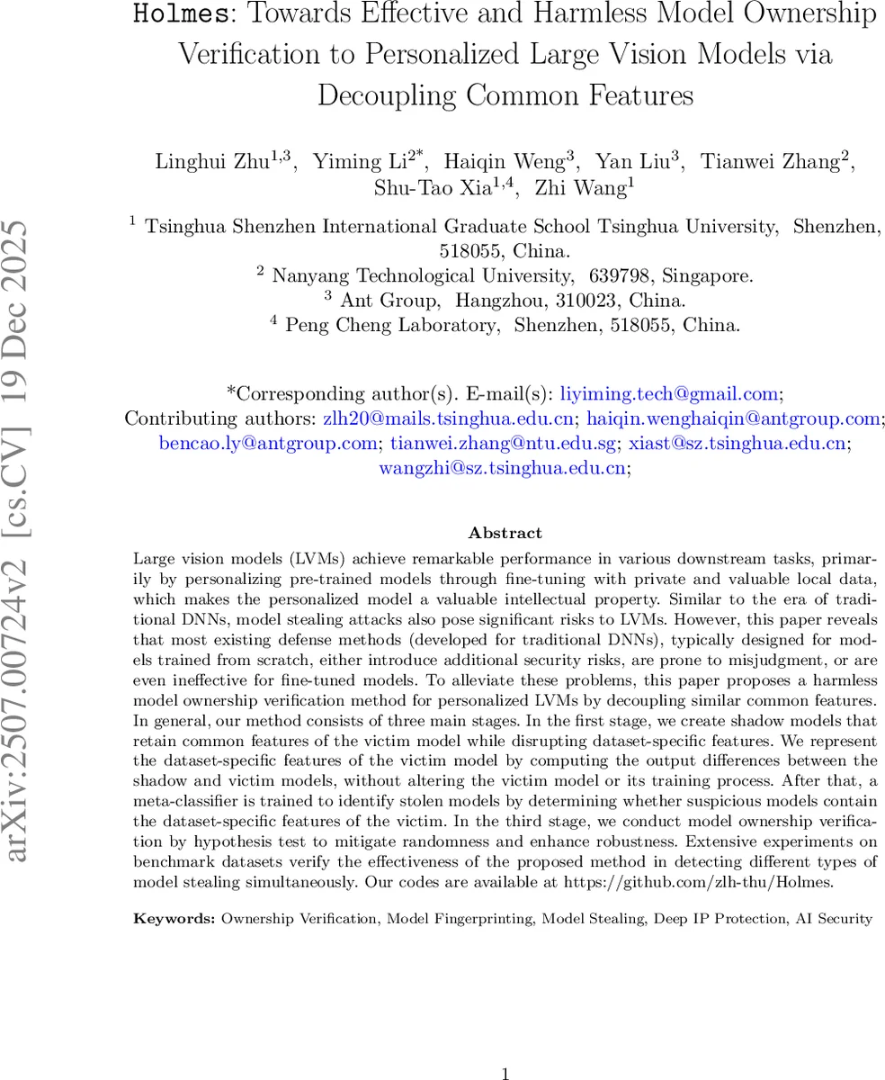 Holmes: Towards Effective and Harmless Model Ownership Verification to Personalized Large Vision Models via Decoupling Common Features