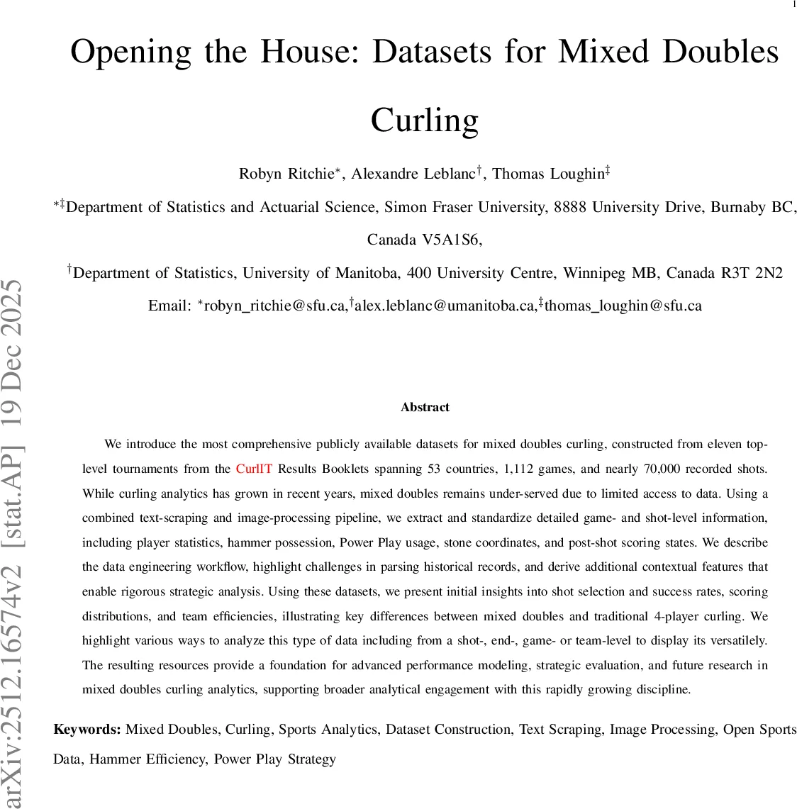 Opening the House: Datasets for Mixed Doubles Curling