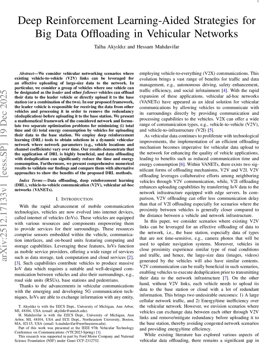 Deep Reinforcement Learning-Aided Strategies for Big Data Offloading in Vehicular Networks