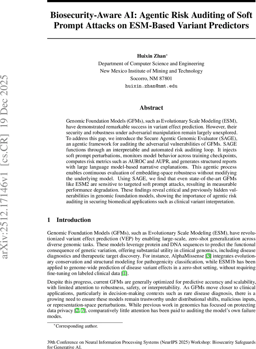 Biosecurity-Aware AI: Agentic Risk Auditing of Soft Prompt Attacks on ESM-Based Variant Predictors
