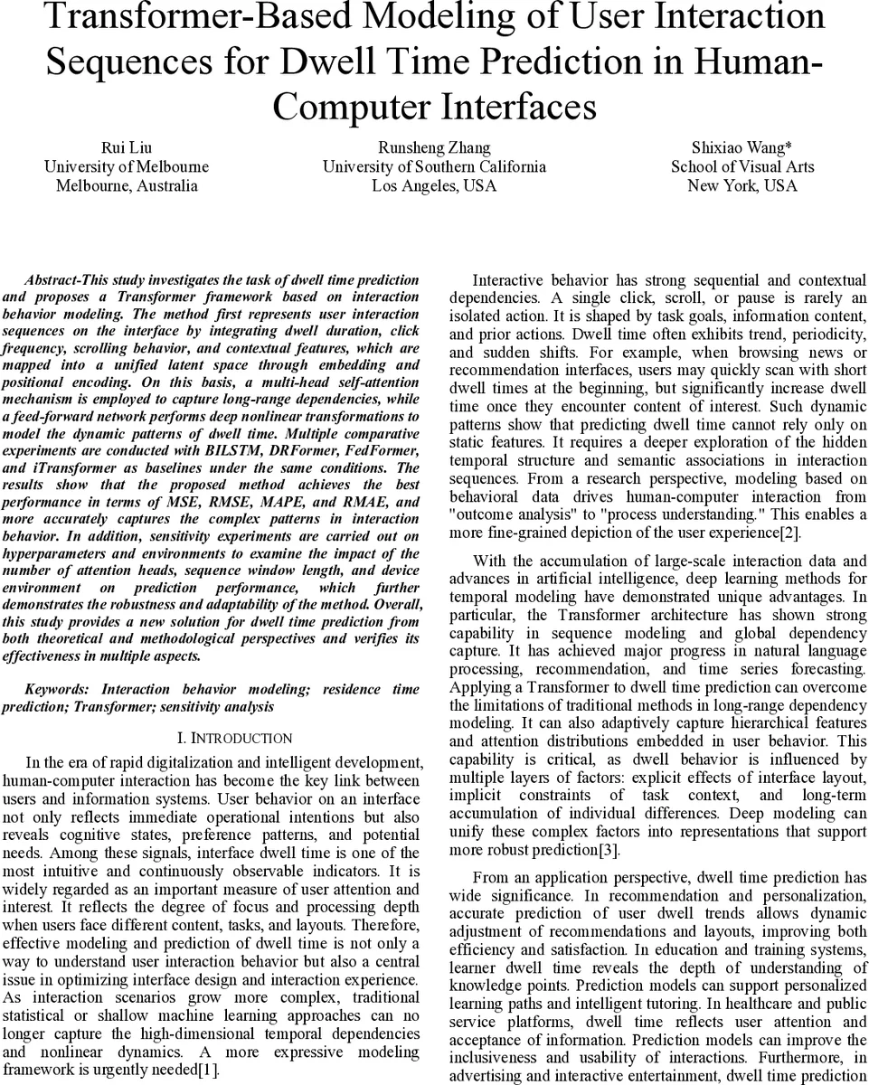 Transformer-Based Modeling of User Interaction Sequences for Dwell Time Prediction in Human-Computer Interfaces