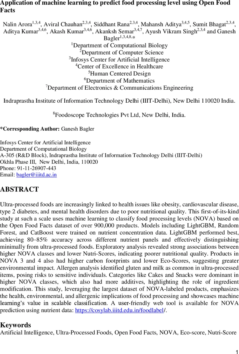 Application of machine learning to predict food processing level using Open Food Facts