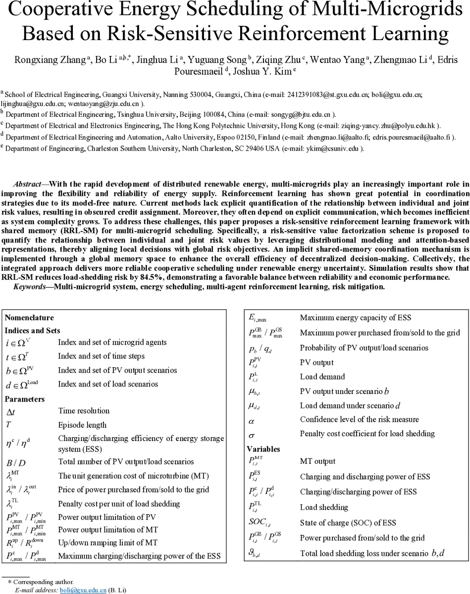 Cooperative Energy Scheduling of Multi-Microgrids Based on Risk-Sensitive Reinforcement Learning