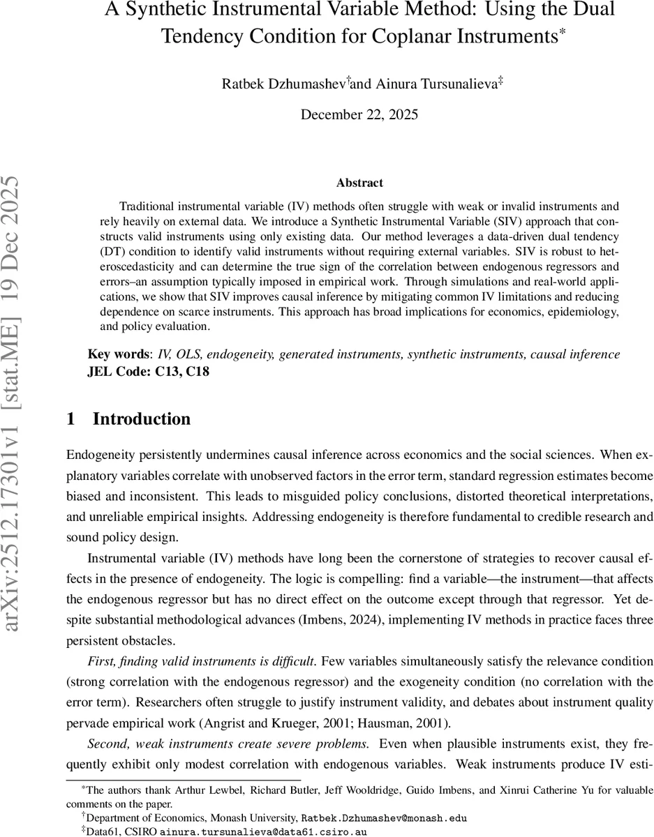 A Synthetic Instrumental Variable Method: Using the Dual Tendency Condition for Coplanar Instruments