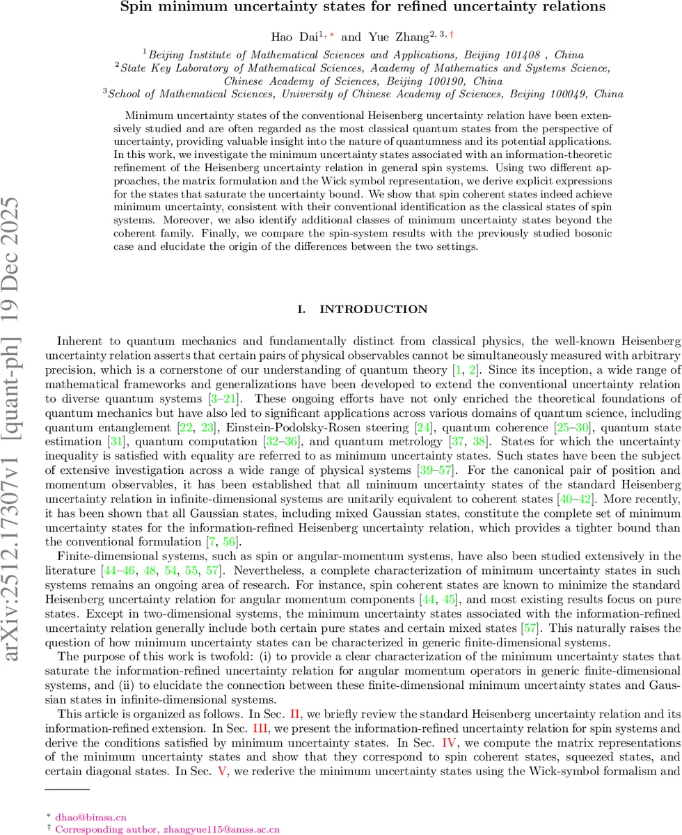 Spin minimum uncertainty states for refined uncertainty relations