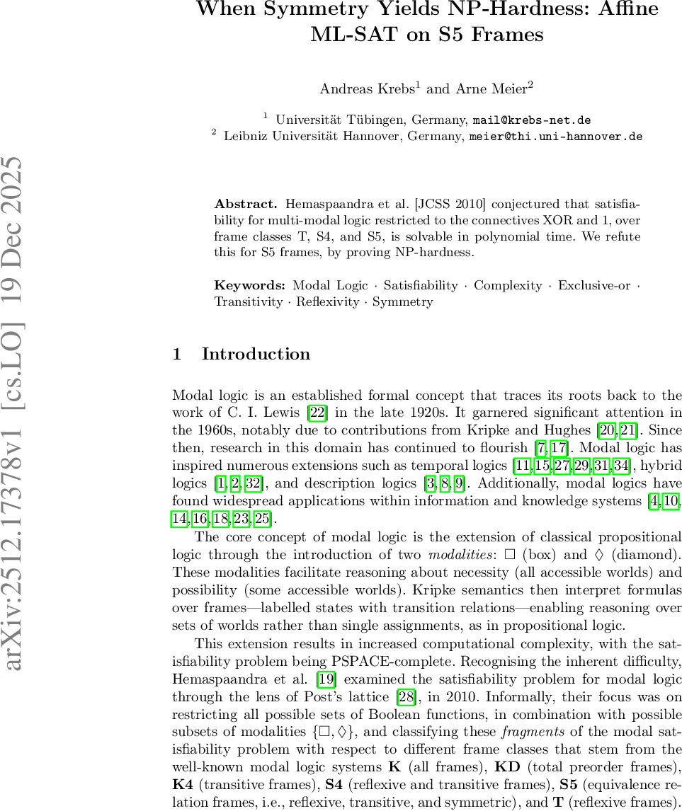 When Symmetry Yields NP-Hardness: Affine ML-SAT on S5 Frames