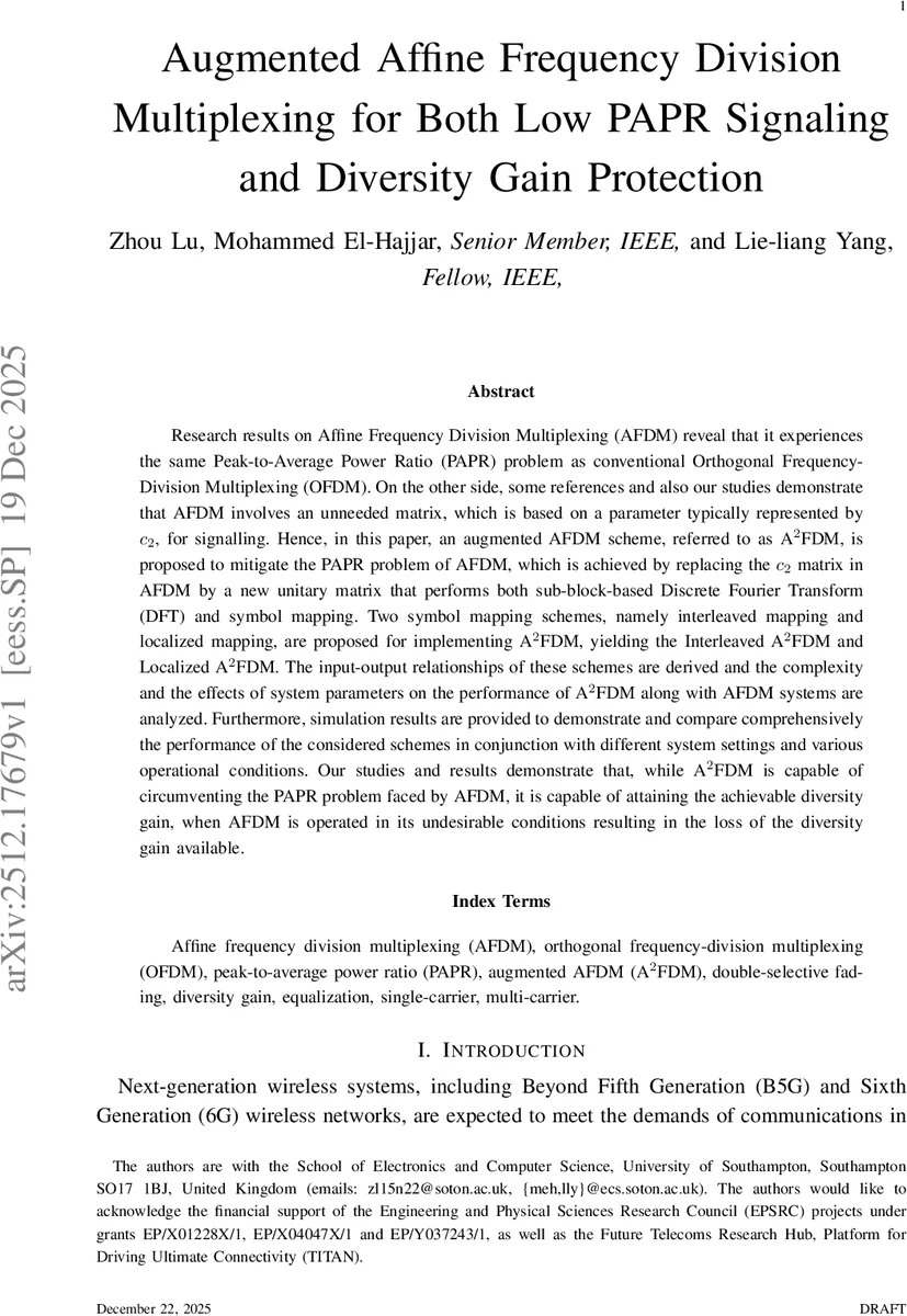 Augmented Affine Frequency Division Multiplexing for Both Low PAPR Signaling and Diversity Gain Protection