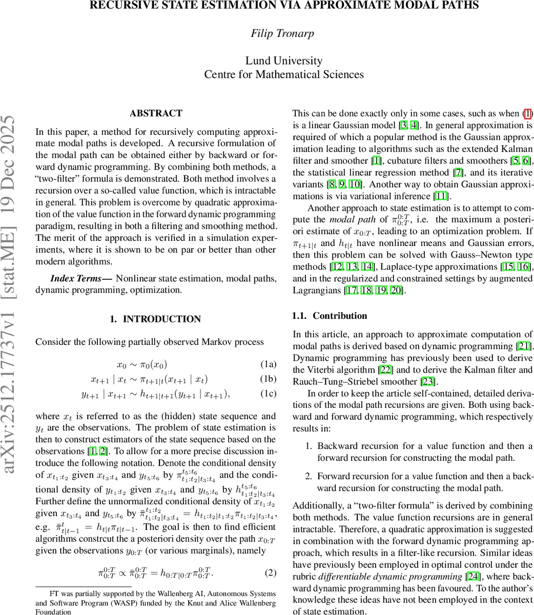 Recursive state estimation via approximate modal paths