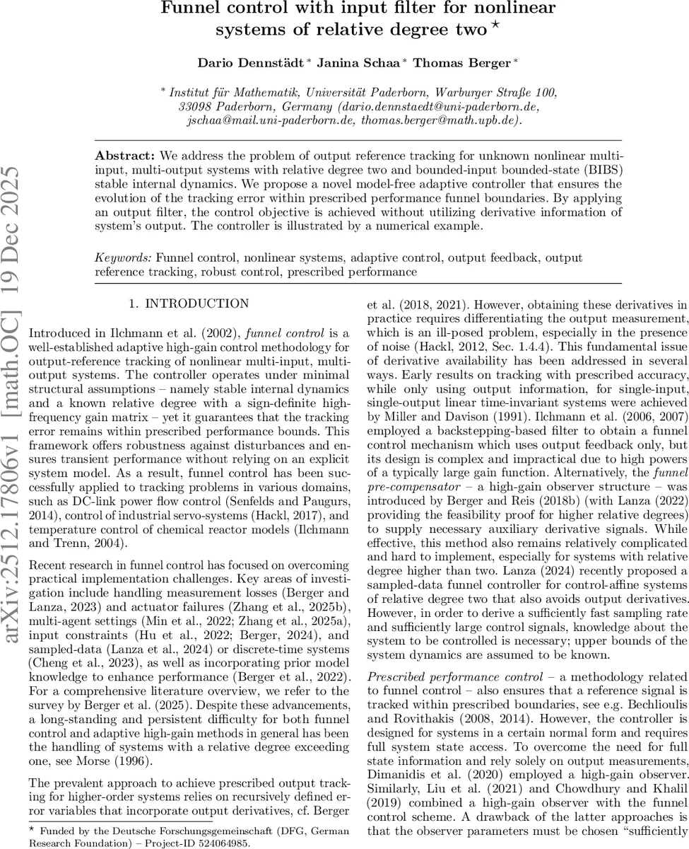 Funnel control with input filter for nonlinear systems of relative degree two