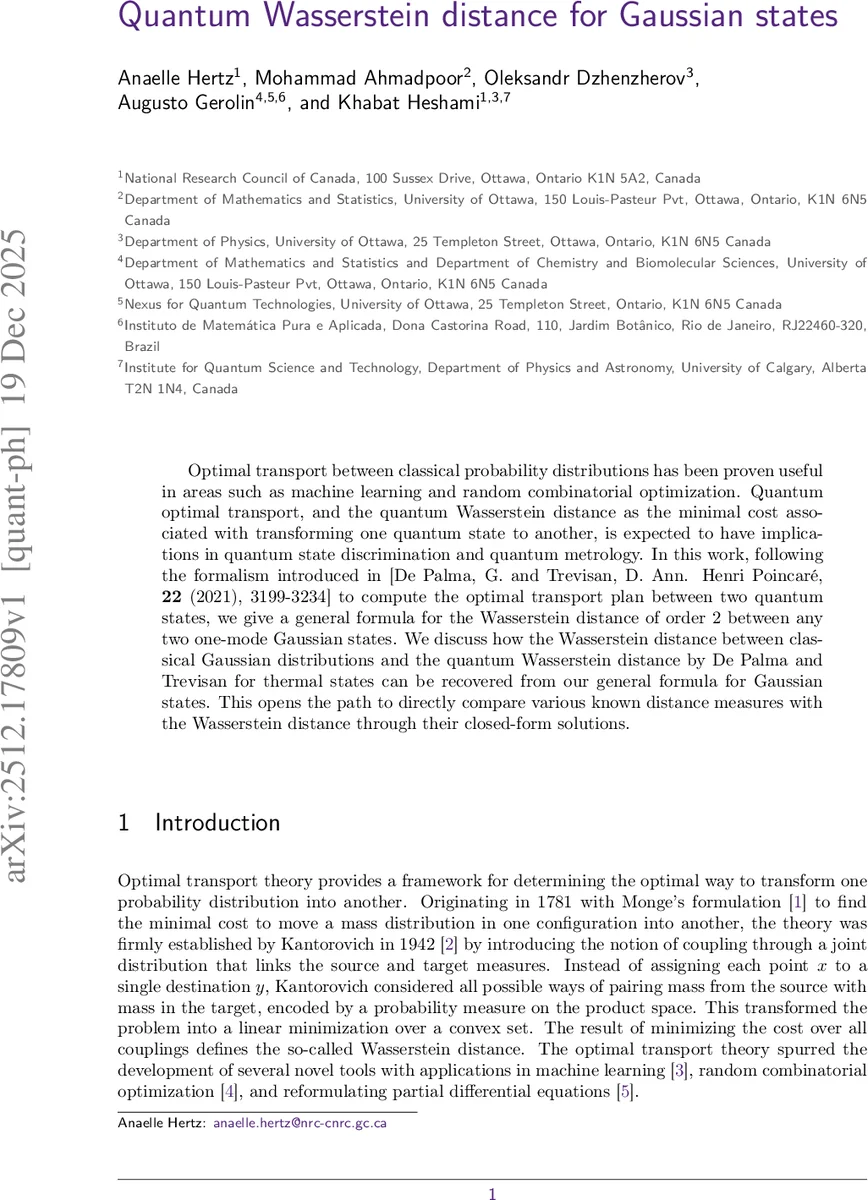 Quantum Wasserstein distance for Gaussian states