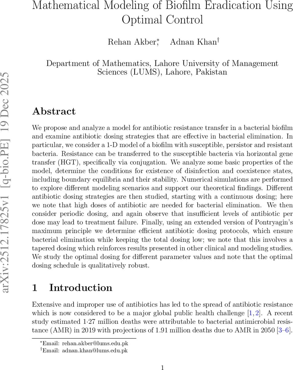 Mathematical Modeling of Biofilm Eradication Using Optimal Control