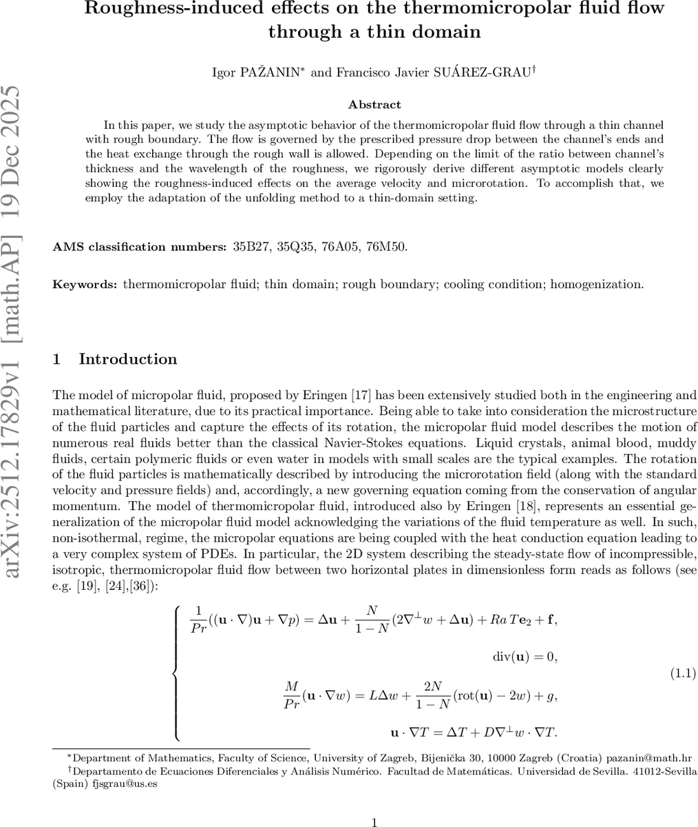 Roughness-induced effects on the thermomicropolar fluid flow through a thin domain