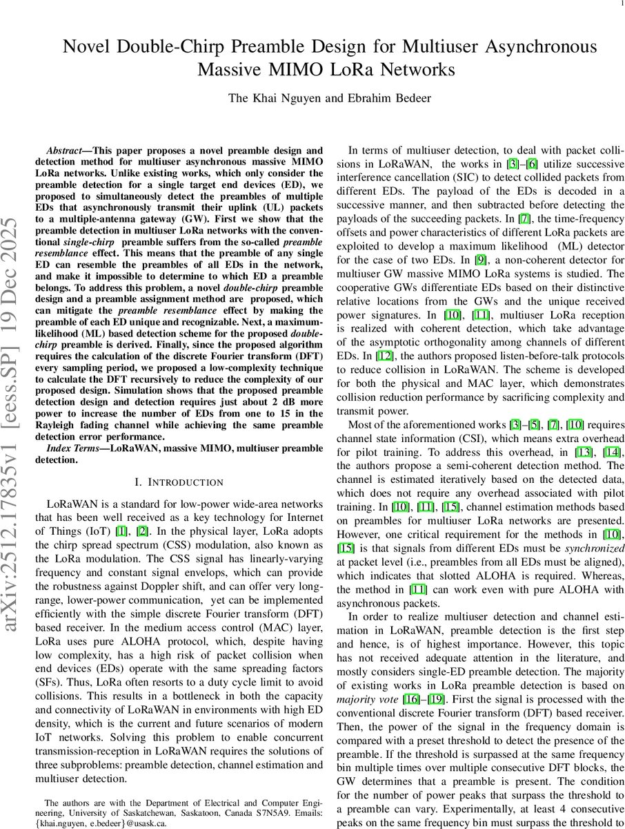 Novel Double-Chirp Preamble Design for Multiuser Asynchronous Massive MIMO LoRa Networks