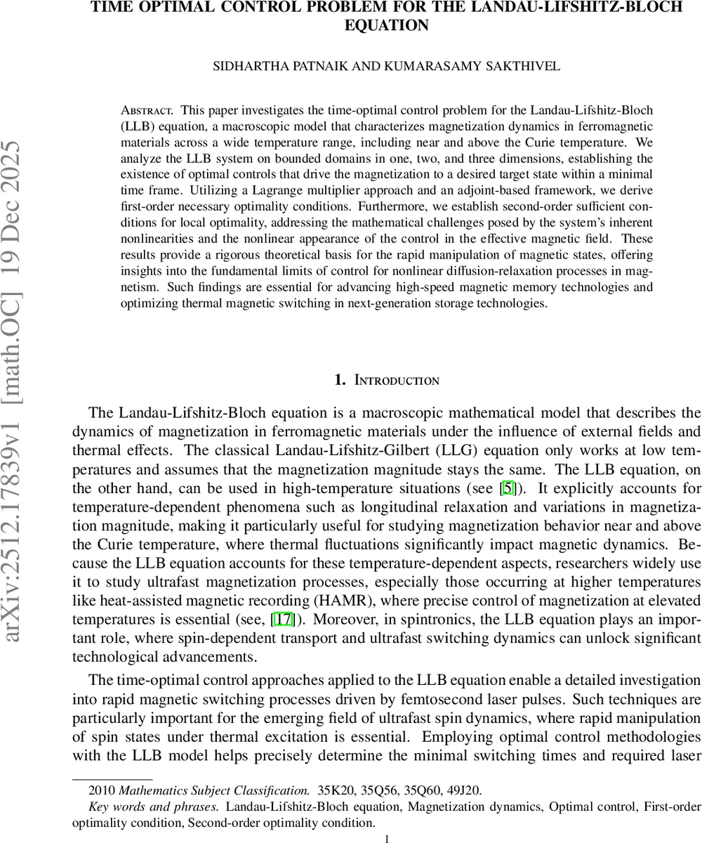 Time Optimal Control Problem for the Landau-Lifshitz-Bloch equation