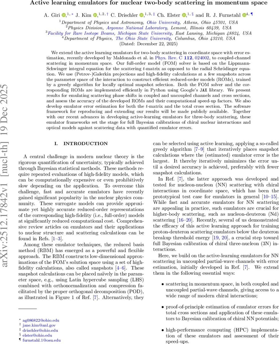 Active learning emulators for nuclear two-body scattering in momentum space