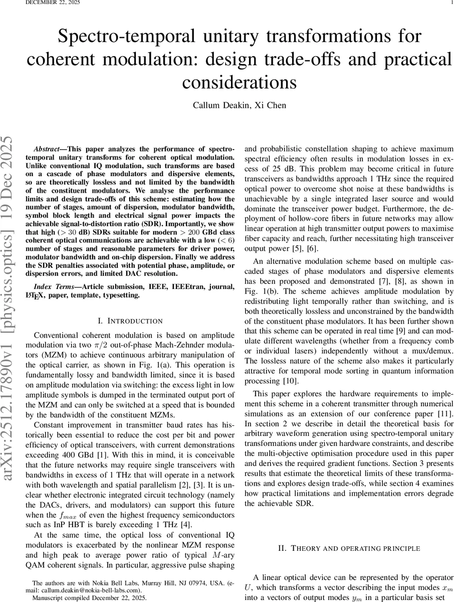 Spectro-temporal unitary transformations for coherent modulation: design trade-offs and practical considerations