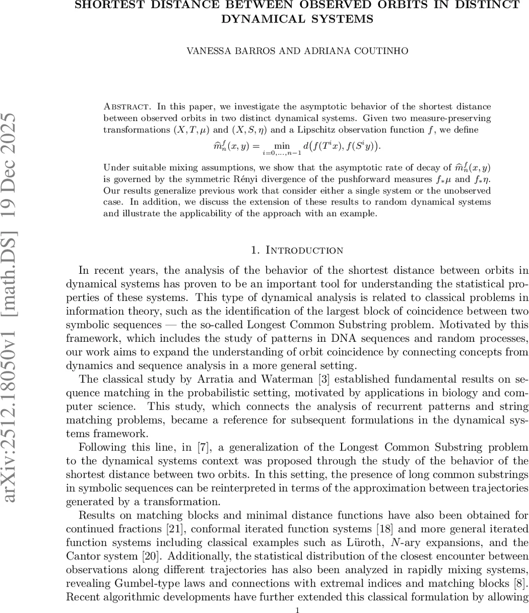 Shortest distance between observed orbits in distinct Dynamical Systems