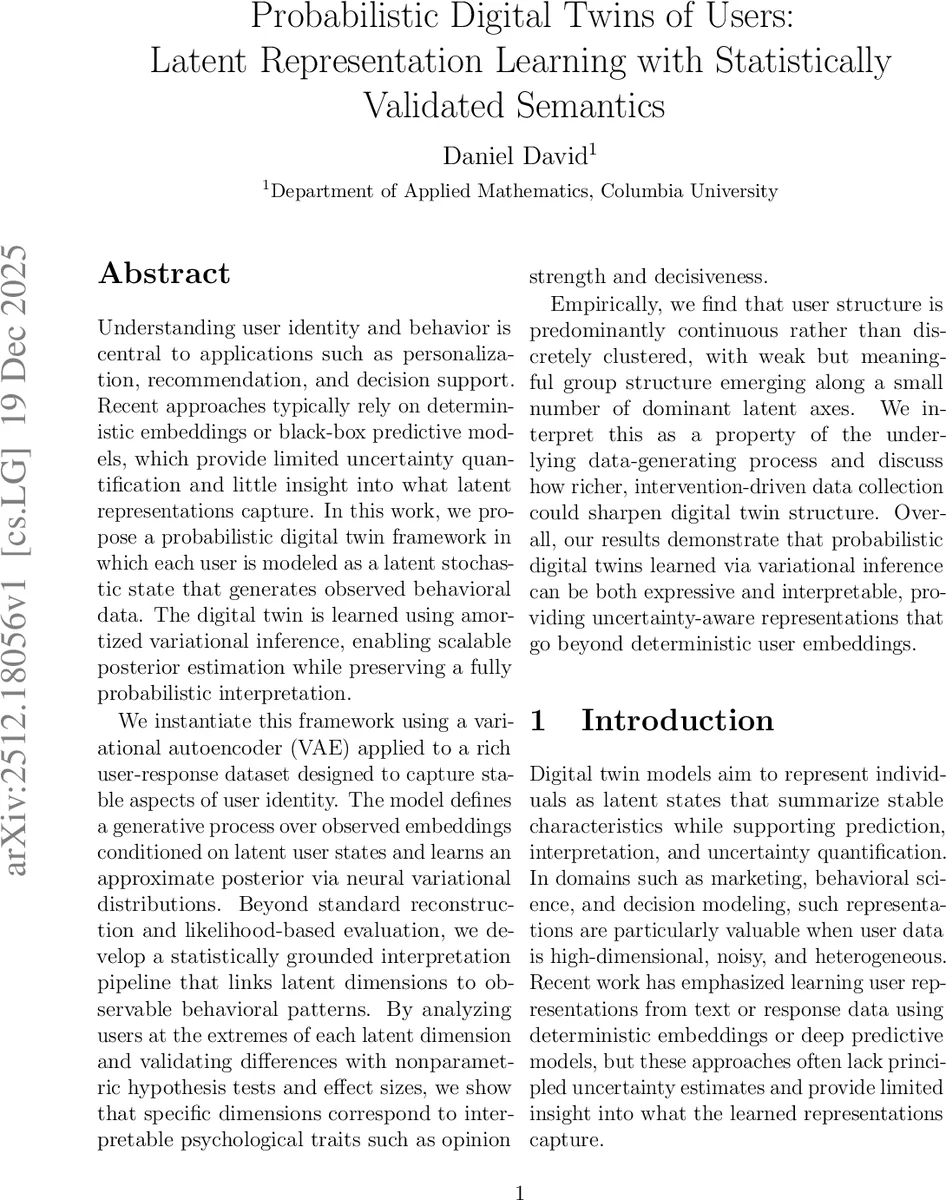 Probabilistic Digital Twins of Users: Latent Representation Learning with Statistically Validated Semantics