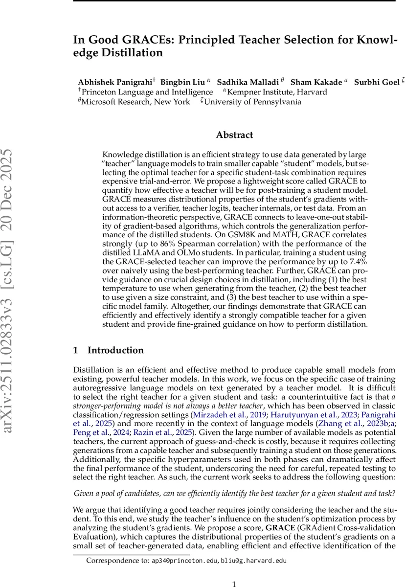 In Good GRACEs: Principled Teacher Selection for Knowledge Distillation