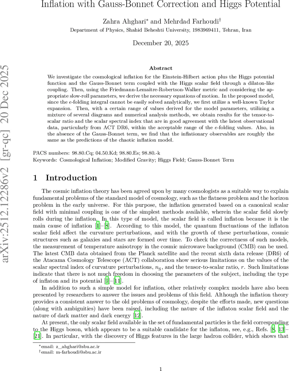 Inflation with Gauss-Bonnet Correction and Higgs Potential
