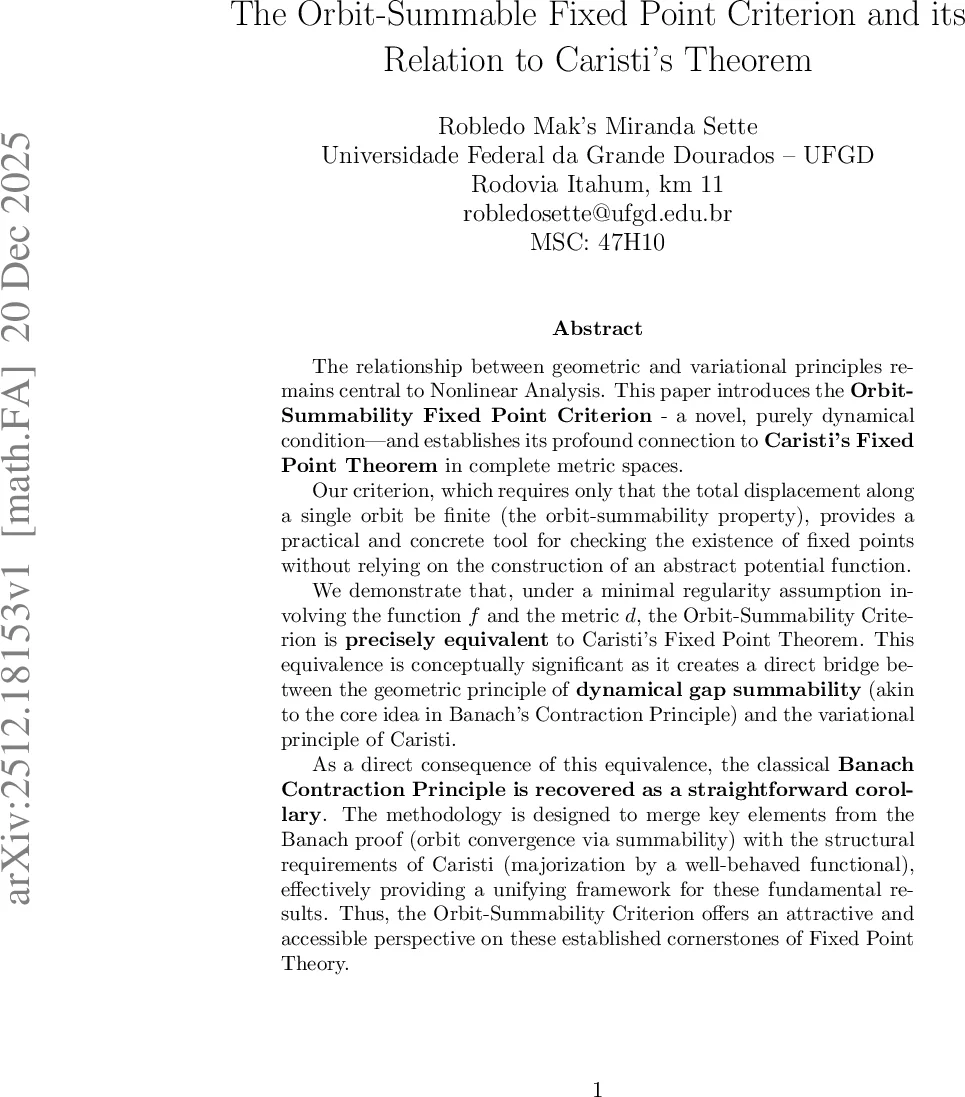 The Orbit-Summable Fixed Point Criterion and its Relation to Caristi's Theorem