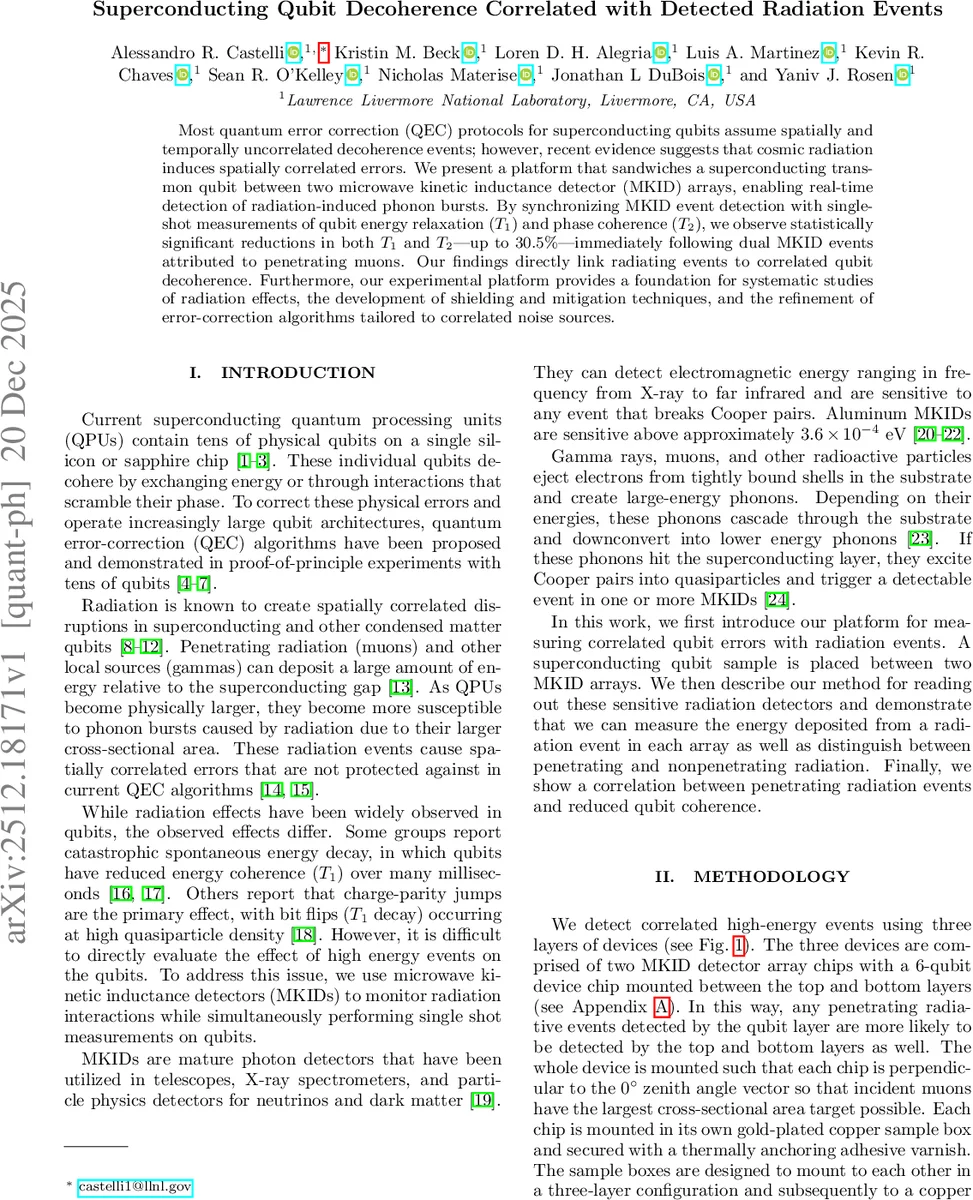 Superconducting qubit decoherence correlated with detected radiation events
