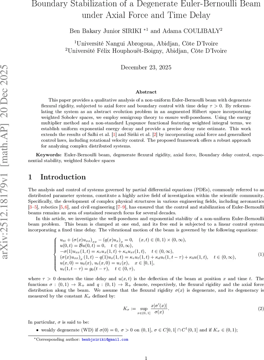 Boundary Stabilization of a Degenerate Euler-Bernoulli Beam under Axial Force and Time Delay