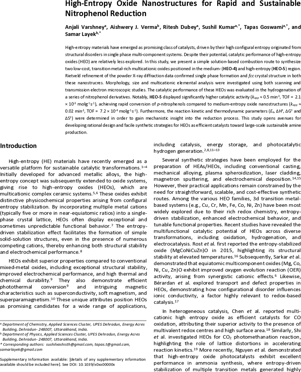 High-Entropy Oxide Nanostructures for Rapid and Sustainable Nitrophenol Reduction