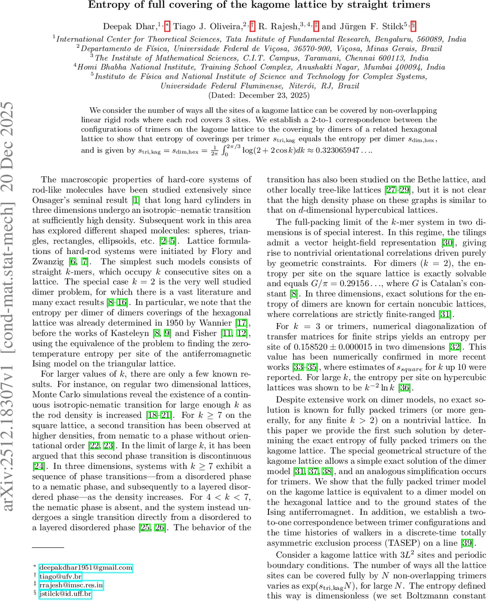 Entropy of full covering of the kagome lattice by straight trimers