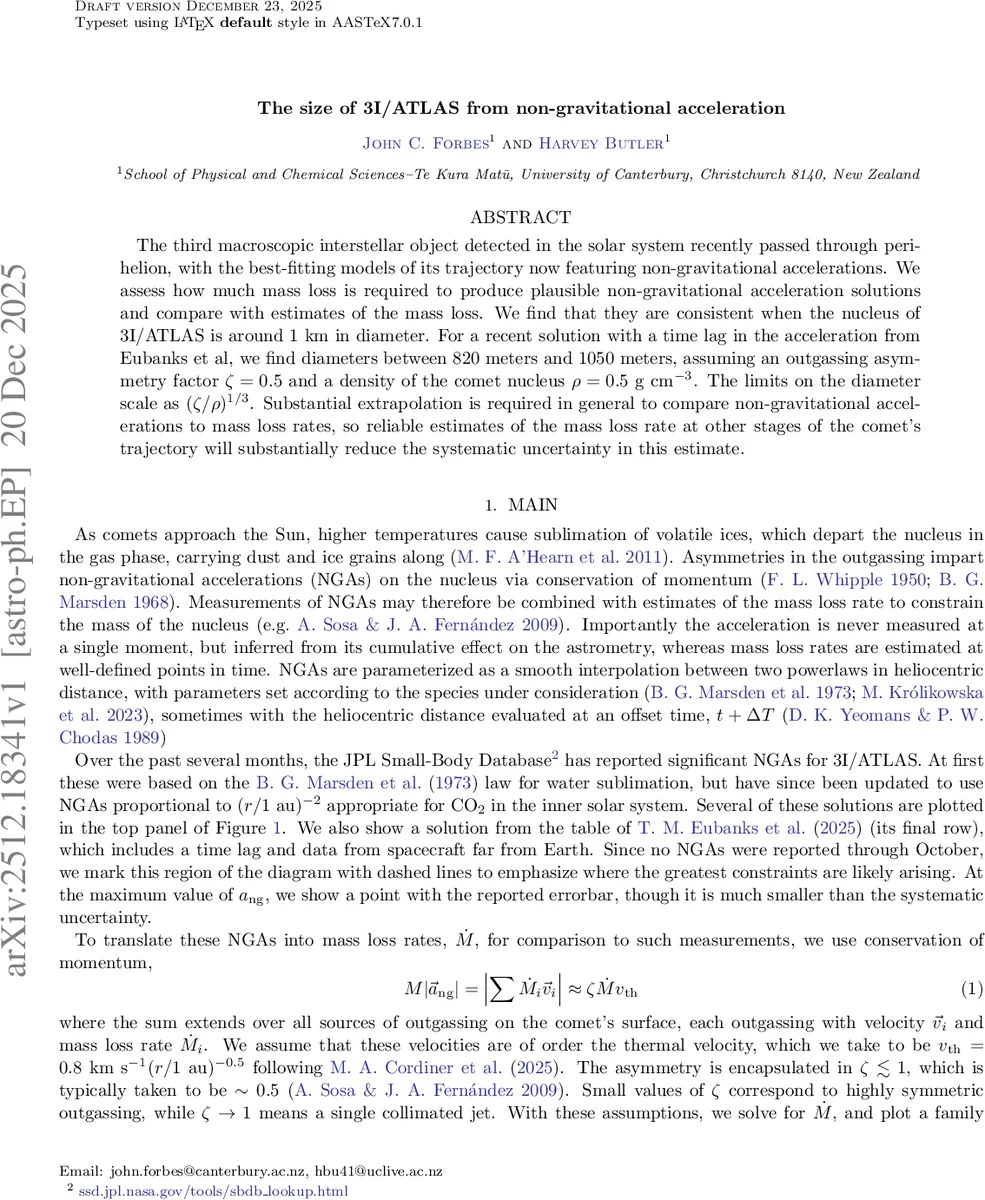 The size of 3I/ATLAS from non-gravitational acceleration