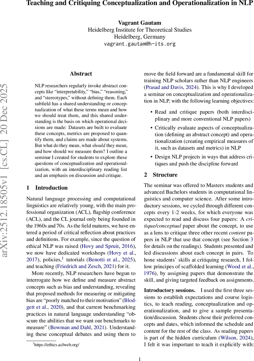 Teaching and Critiquing Conceptualization and Operationalization in NLP