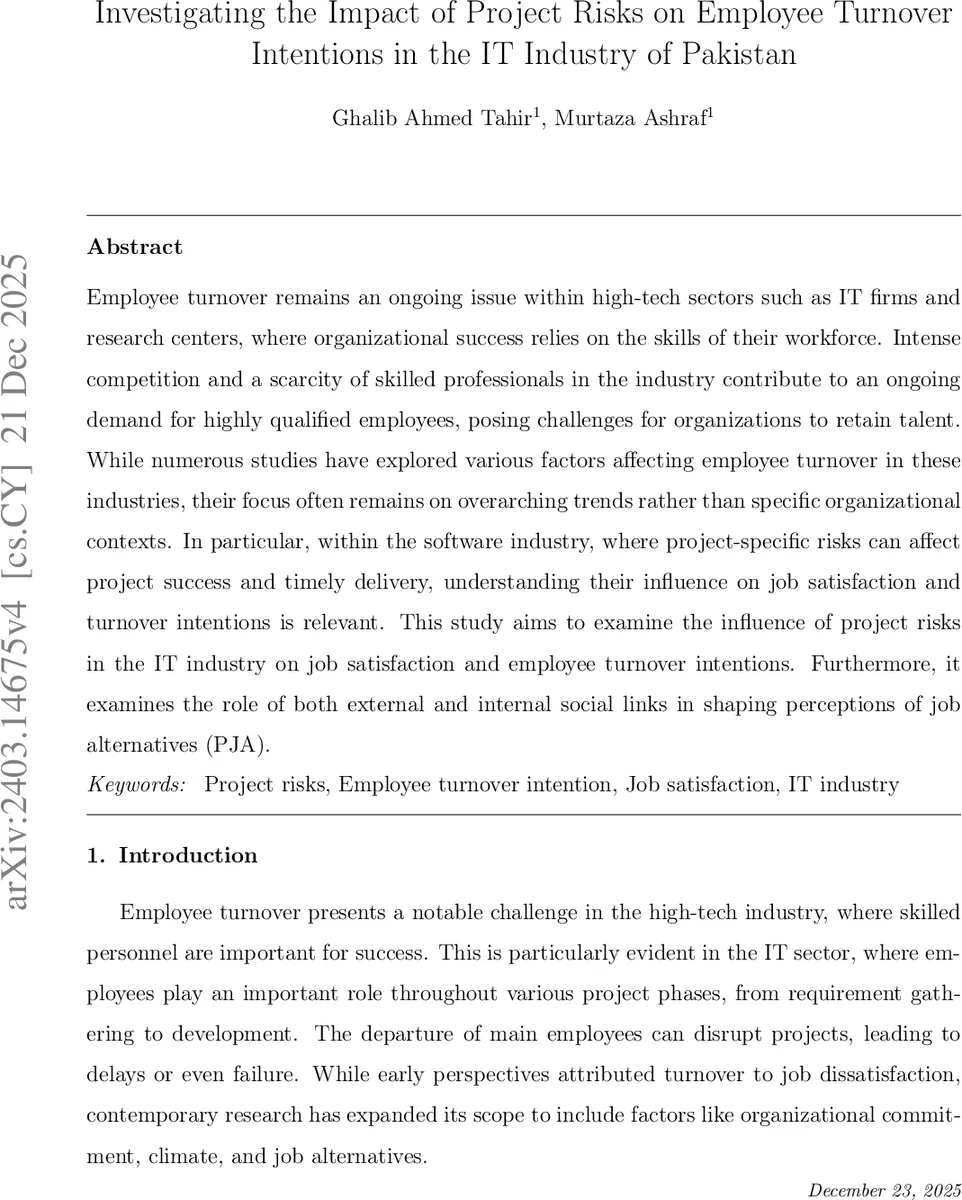 Investigating the Impact of Project Risks on Employee Turnover Intentions in the IT Industry of Pakistan