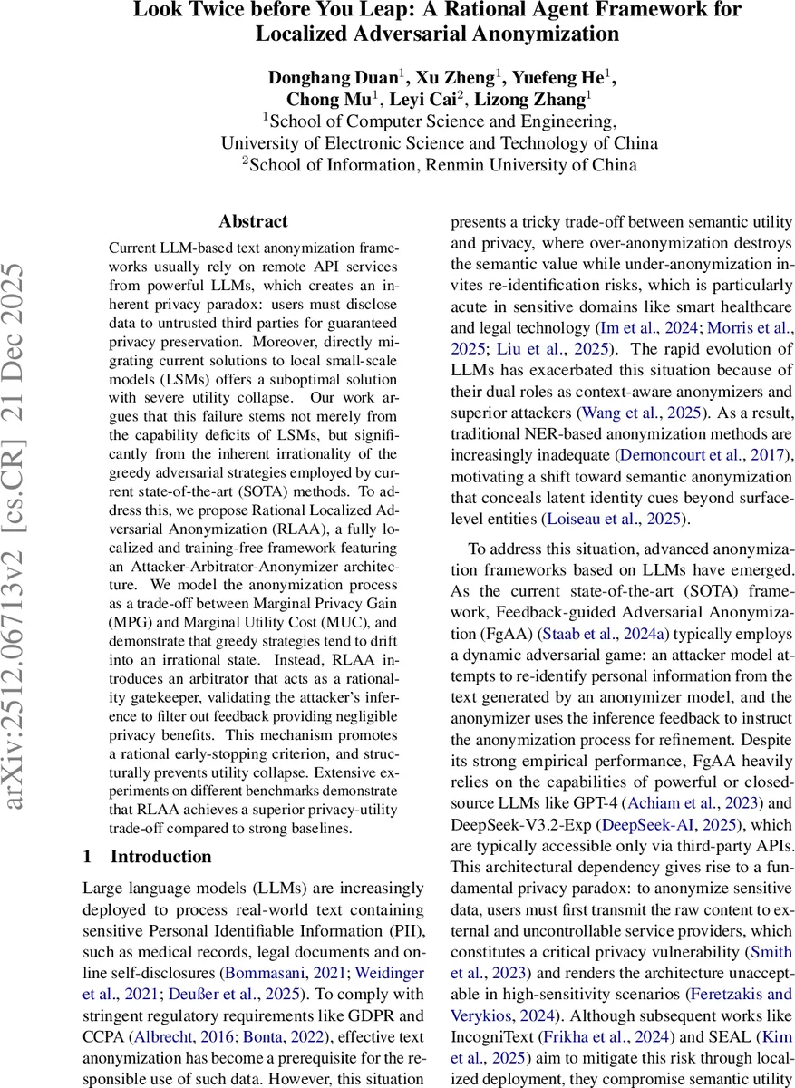 Look Twice before You Leap: A Rational Agent Framework for Localized Adversarial Anonymization